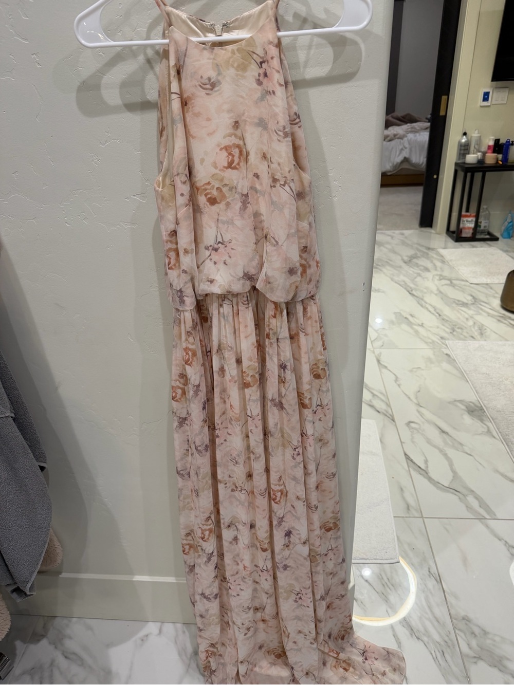 Donna Morgan Blush Floral Chiffon Halter Wedding Dress